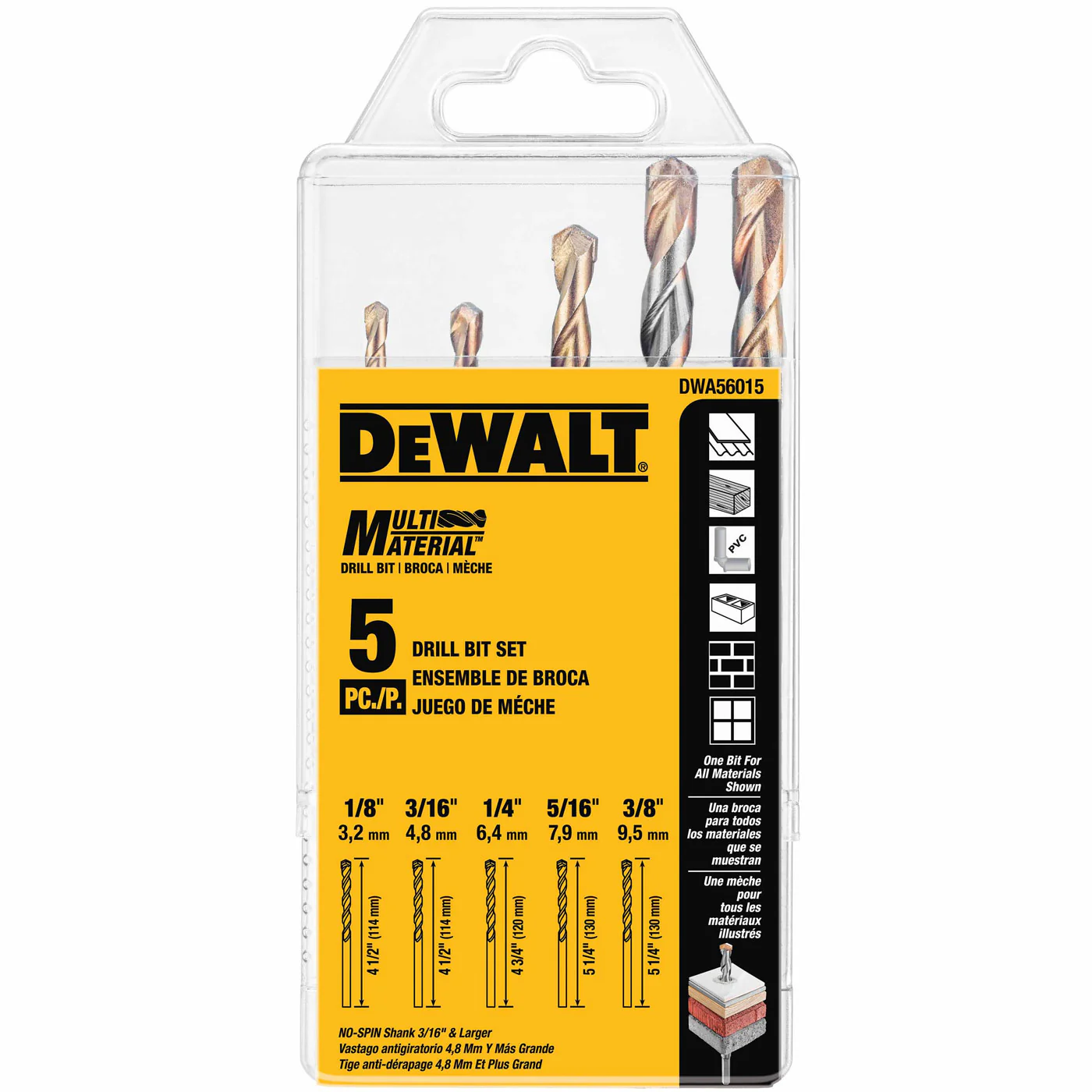 DeWalt DWA56015 5-Piece Multi-Material Drill Bit Set (1/4?, 3/16?, 1/8?, 5/16, 3/8?) - Mactool Shop