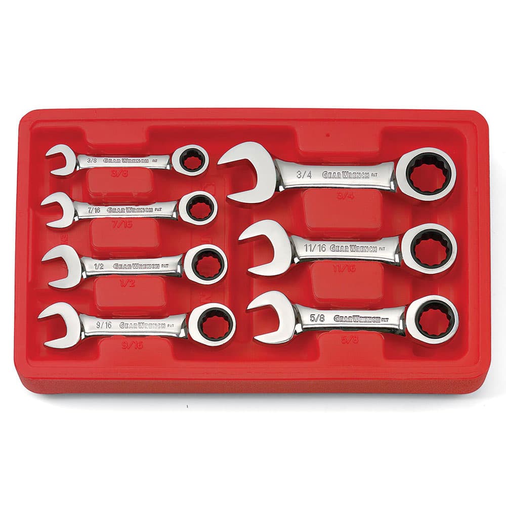 GearWrench 9507D 7 Pc. 72-Tooth 12 Point Stubby Ratcheting Combination SAE Wrench Set - Mactool Shop