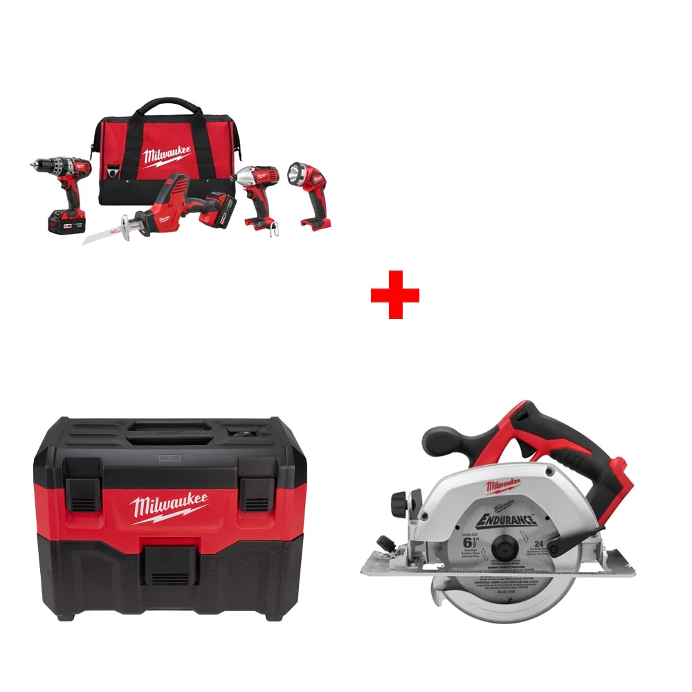 Milwaukee 2695-24 M18 4-Tool Combo Kit w/ FREE 0880-20 Wet/Dry Vacuum & Circ Saw - Mactool Shop