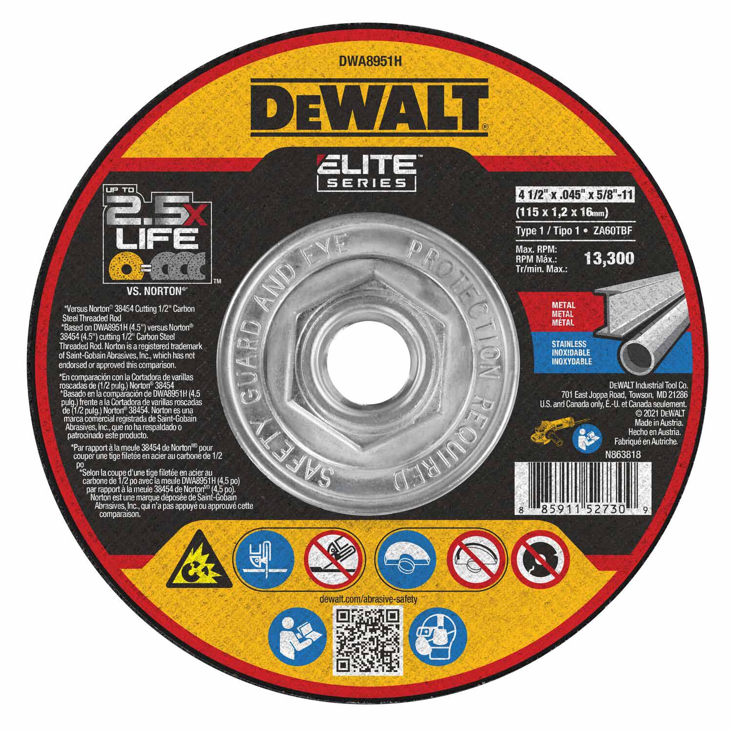DeWalt DWA8951H Elite Series 4-1/2 x .045 x 5/8-11 XP T1 Cutting - Mactool Shop