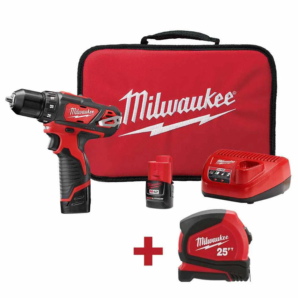 Milwaukee 2407-22T M12 Cordless 3/8 in. Drill Driver Kit with 25 ft Tape Measure - Mactool Shop