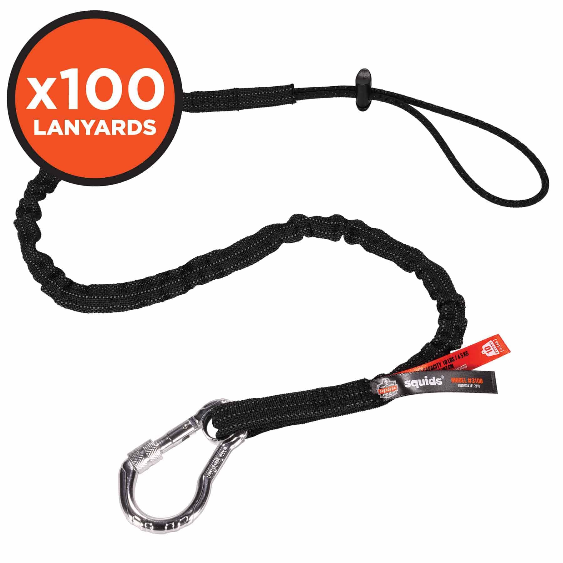 Ergodyne 19204 3100-100PK Standard Black Lanyard - Carabiner + Loop - 10lbs 100-Pack - Mactool Shop