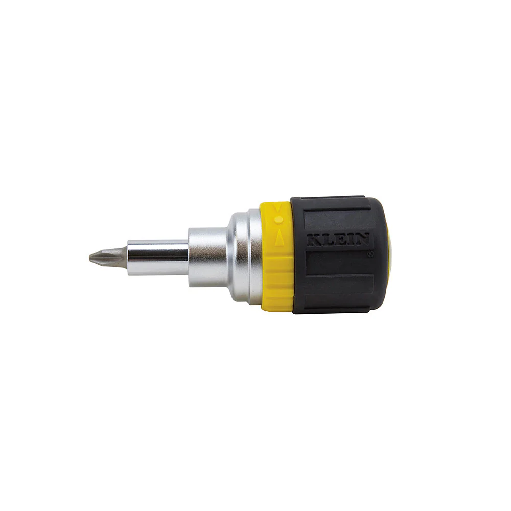 Klein Tools 32593 Multi-Bit Ratcheting Screwdriver, 6-in-1, Stubby, Ph, Sl, Nut Bits - Mactool Shop