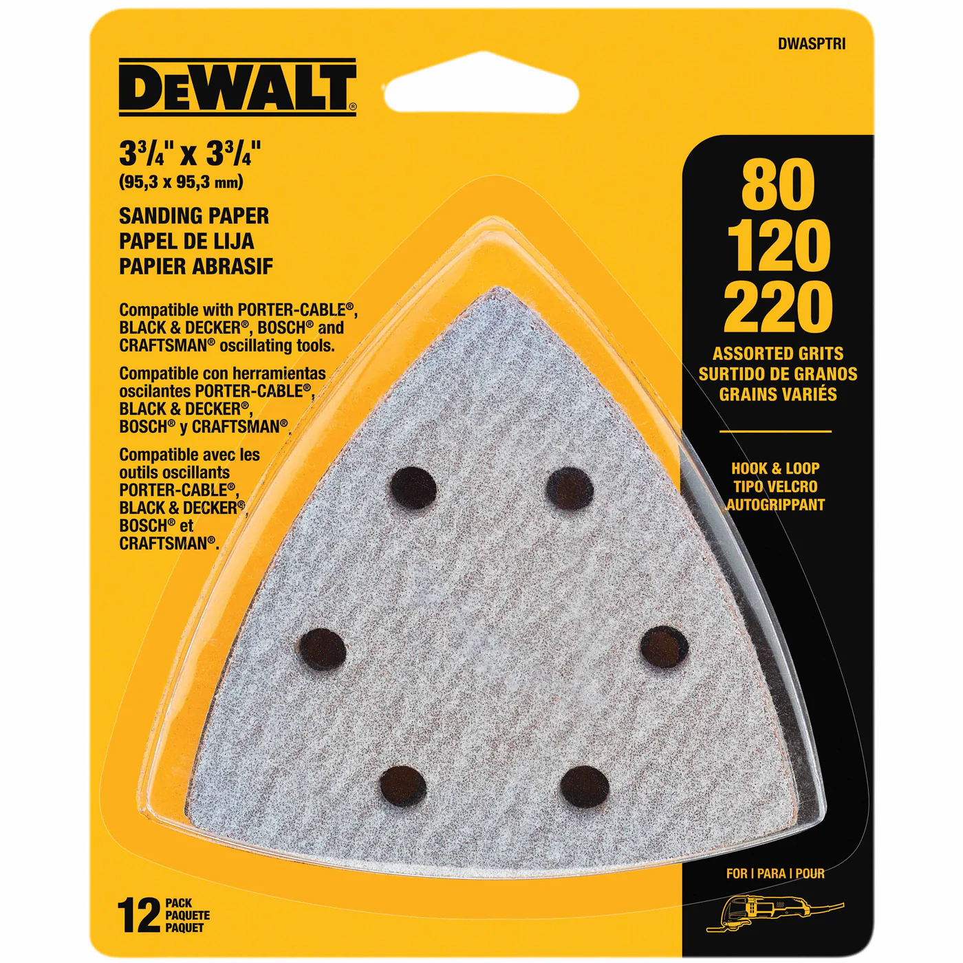 DeWalt DWASPTRI Hook And Loop Triangle Sandpaper Assorted - 12 PK - Mactool Shop