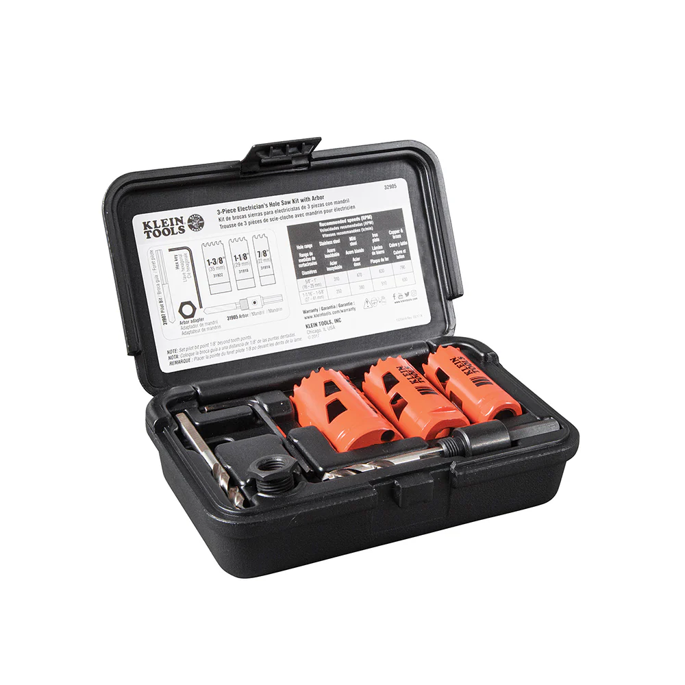 Klein 32905 Electrician's Hole Saw Kit with Arbor 3-Piece - Mactool Shop