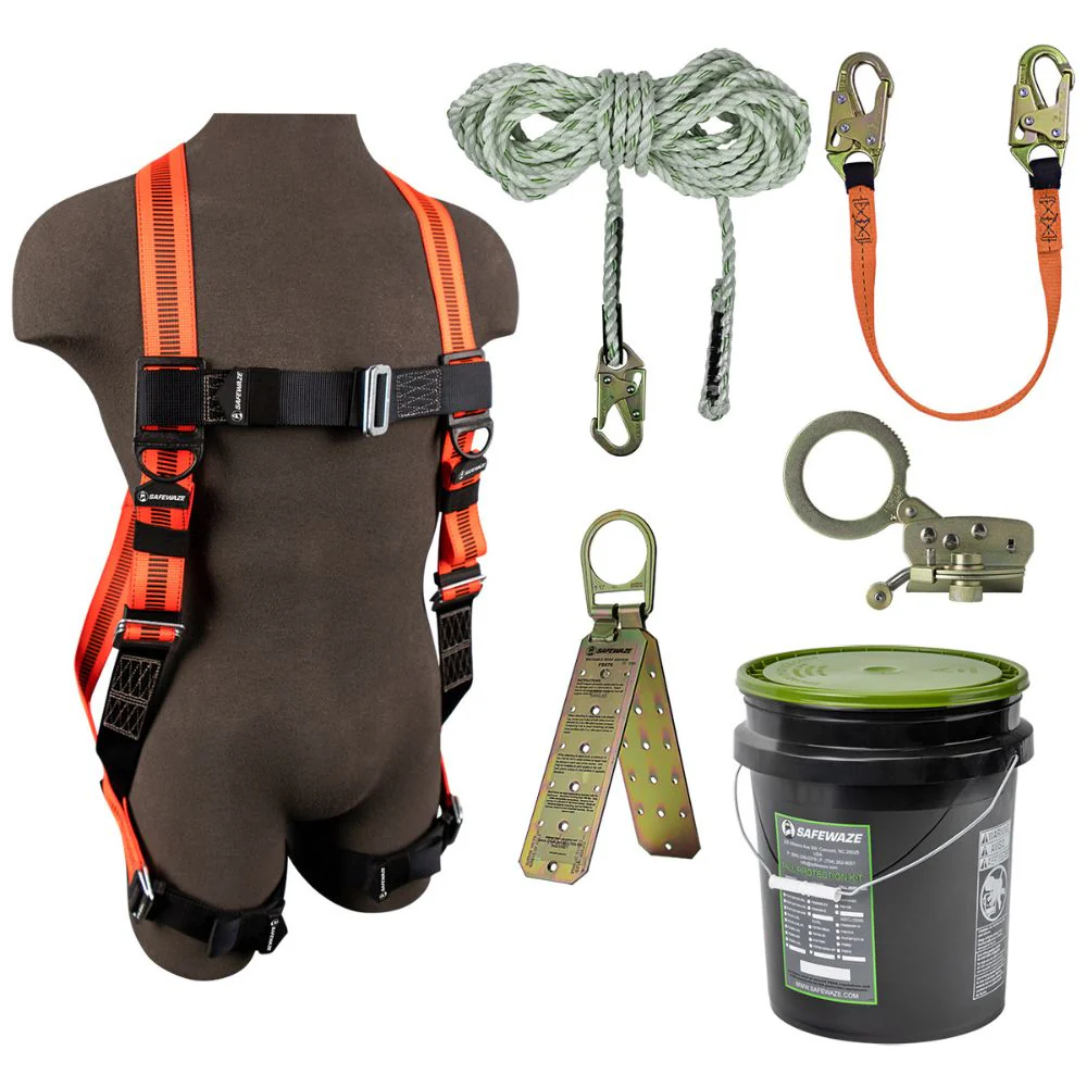 Safewaze FS-ROOF-E/1120 V-Line Bucket Roof Kit: FS99280-E Harness, FS700-50 VLL, FS1120 Grab, FS88860-3 Lanyard, FS870 Anchor - Mactool Shop