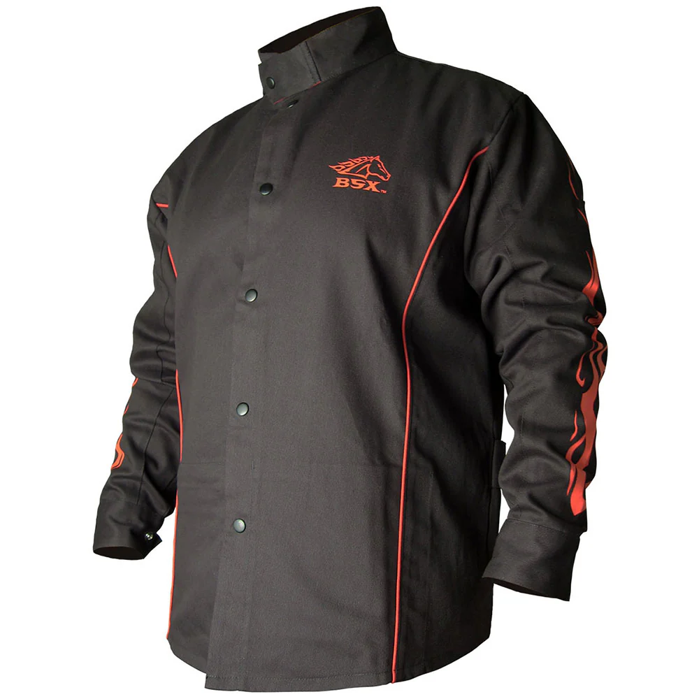 Black Stallion BX9C-XL BSX Contoured Flame Resistant Cotton Welding Jacket, Black with Red Flames, XL - Mactool Shop