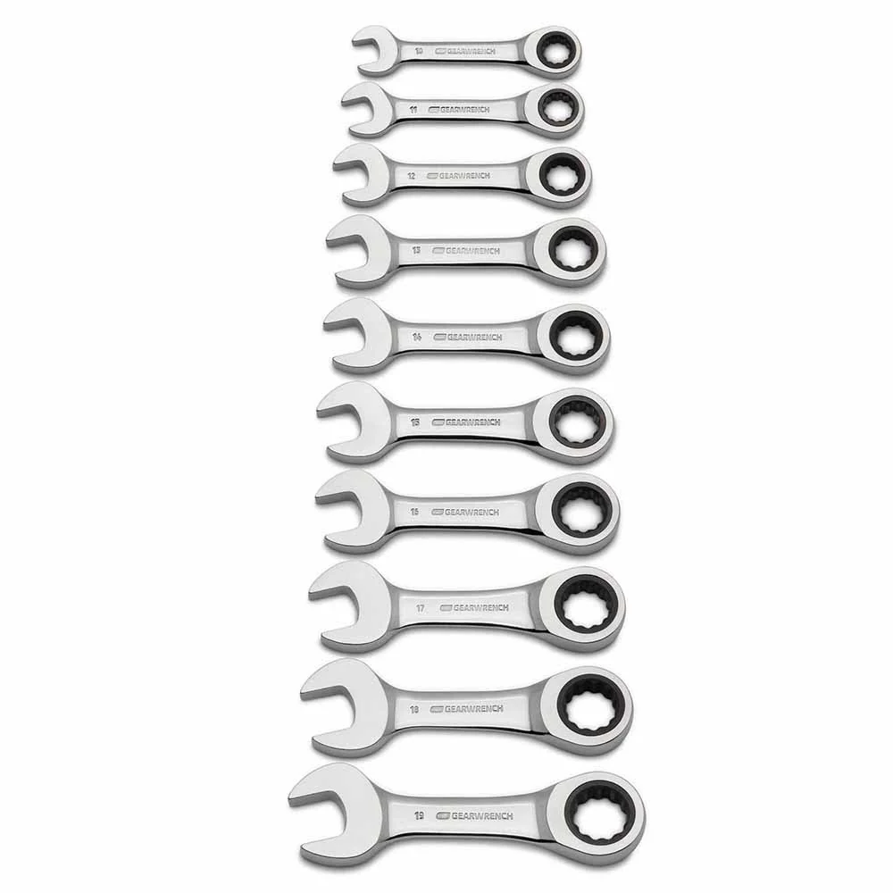 GearWrench 9520D 10 Pc. 72-Tooth 12 Point Stubby Ratcheting Combination Metric Wrench Set - Mactool Shop