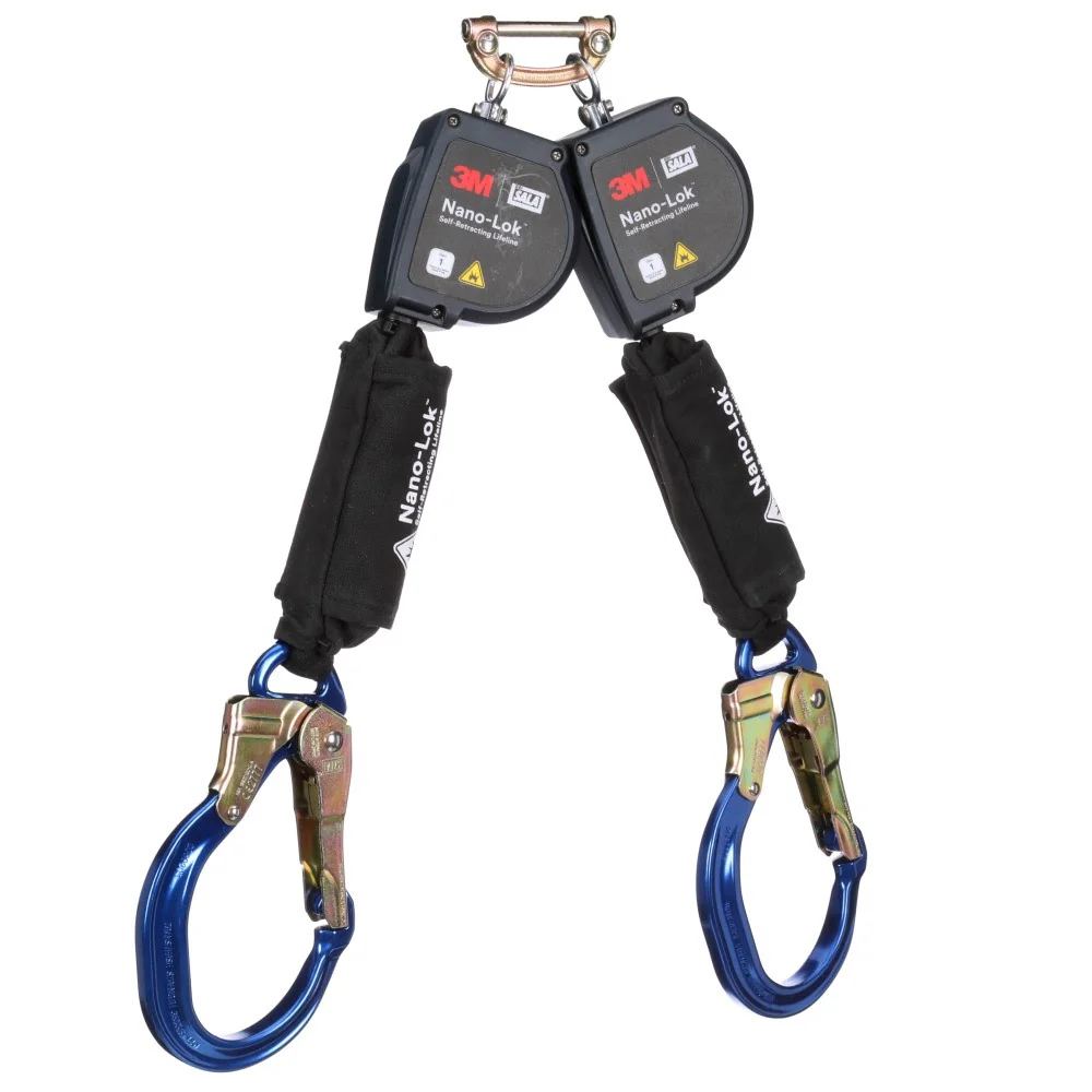 DBI Sala 3100588 Nano-Lok Twin-Leg Arc Flash Self-Retracting Lifeline Quick Connect, Web, Aluminum Rebar Lock Hooks, 8' - Mactool Shop