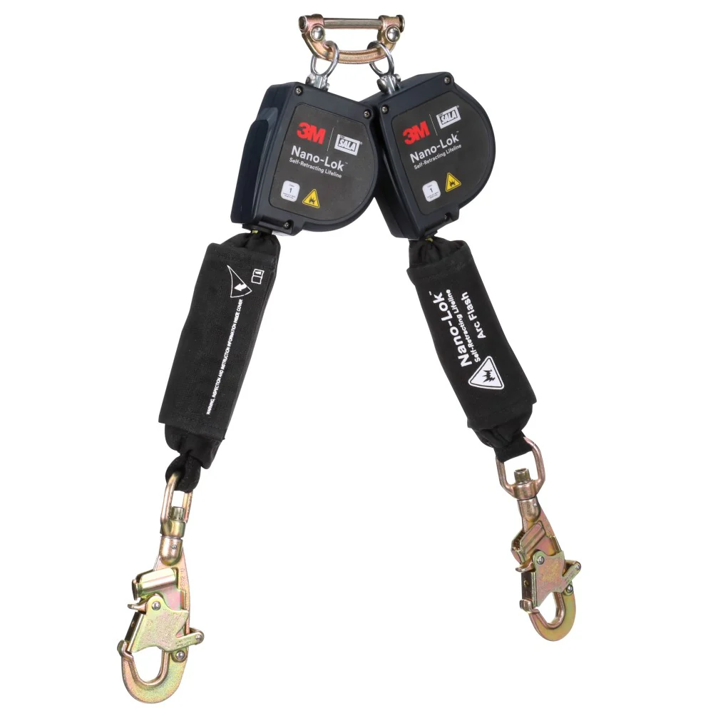 DBI Sala 3100583 Nano-Lok Twin-Leg Arc Flash Self-Retracting Lifeline with Quick Connect, Web, Swivel Snap Hooks, 8' - Mactool Shop