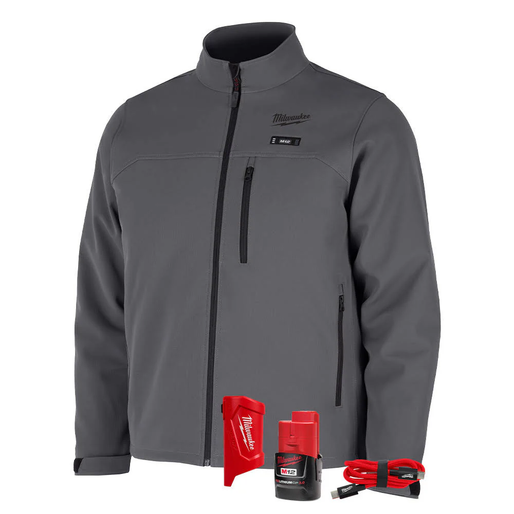 Milwaukee M100G-21 M12 Heated Gray Toughshell Jacket with (1) 3.0 Ah Battery and Charger - Mactool Shop