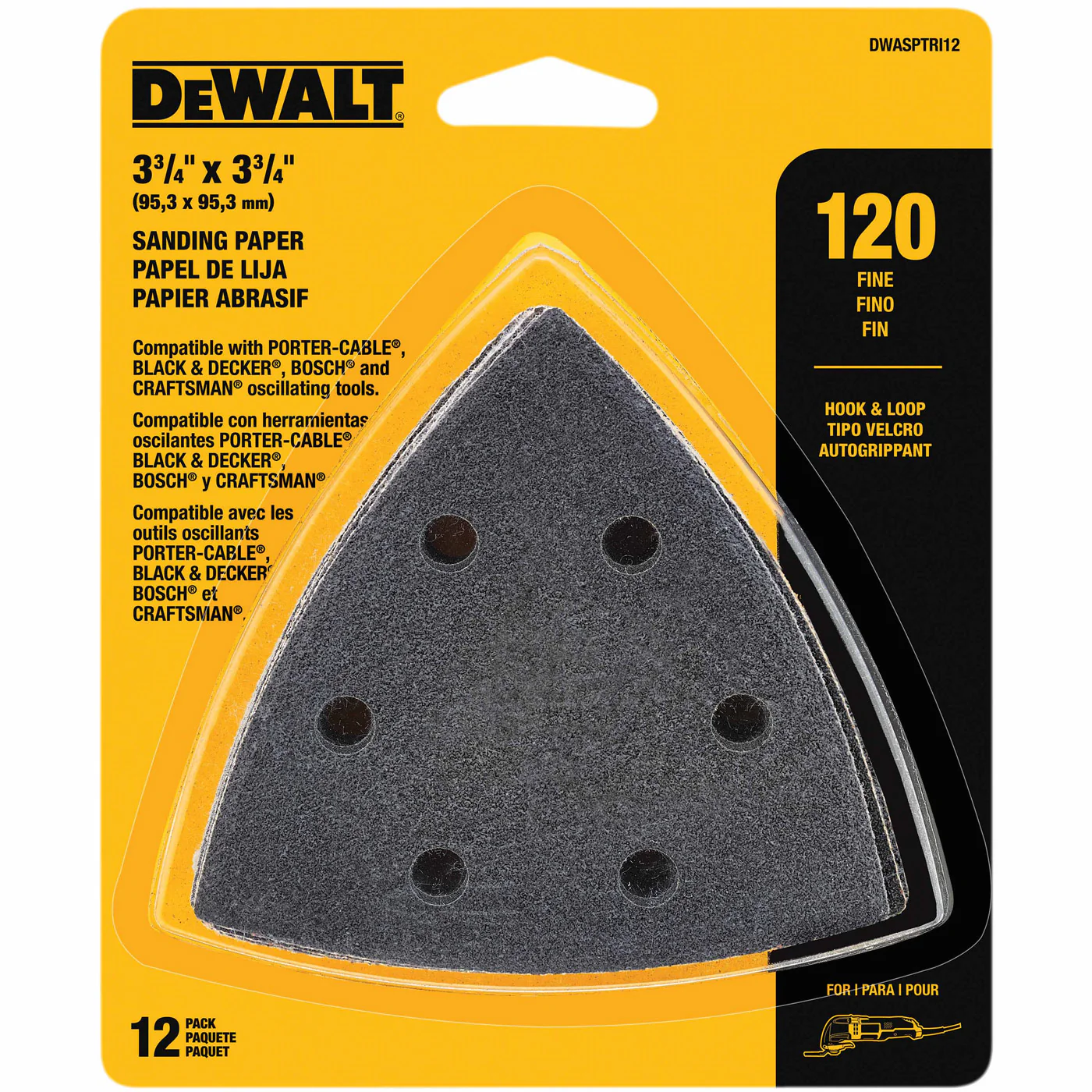 DeWalt DWASPTRI12 Hook And Loop Triangle 120 Grit Sandpaper - 12 PK - Mactool Shop