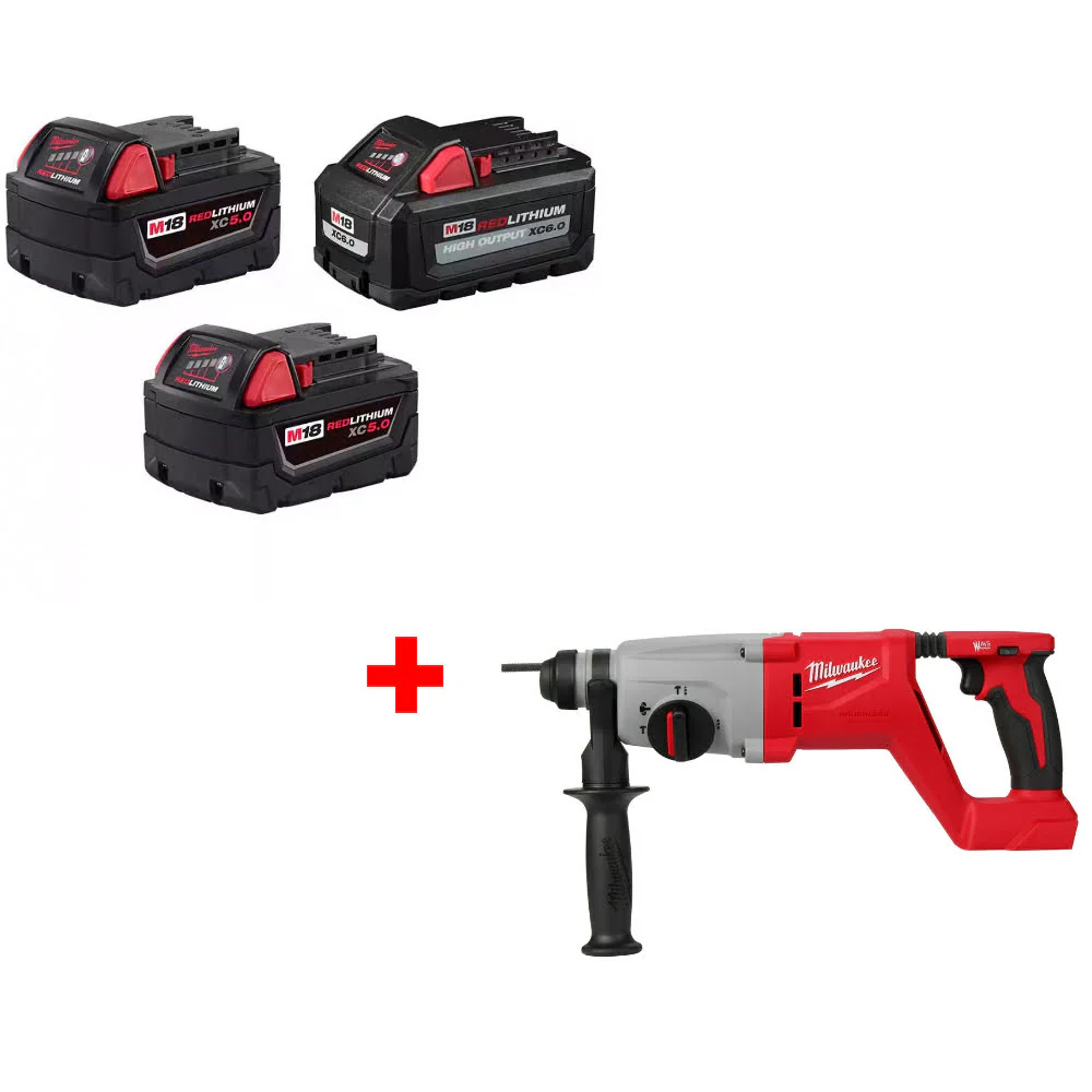 Milwaukee 48-11-1856 M18 18V Battery 3-Pack W/ FREE 2613-20 M18 Rotary Hammer - Mactool Shop