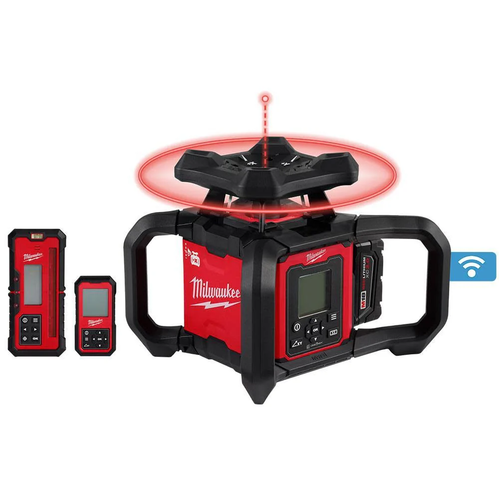 Milwaukee 3704-21T M18 Red Exterior Dual Slope Rotary Laser Level Kit w/ Receiver, Remote, Grade Rod & Tripod - Mactool Shop
