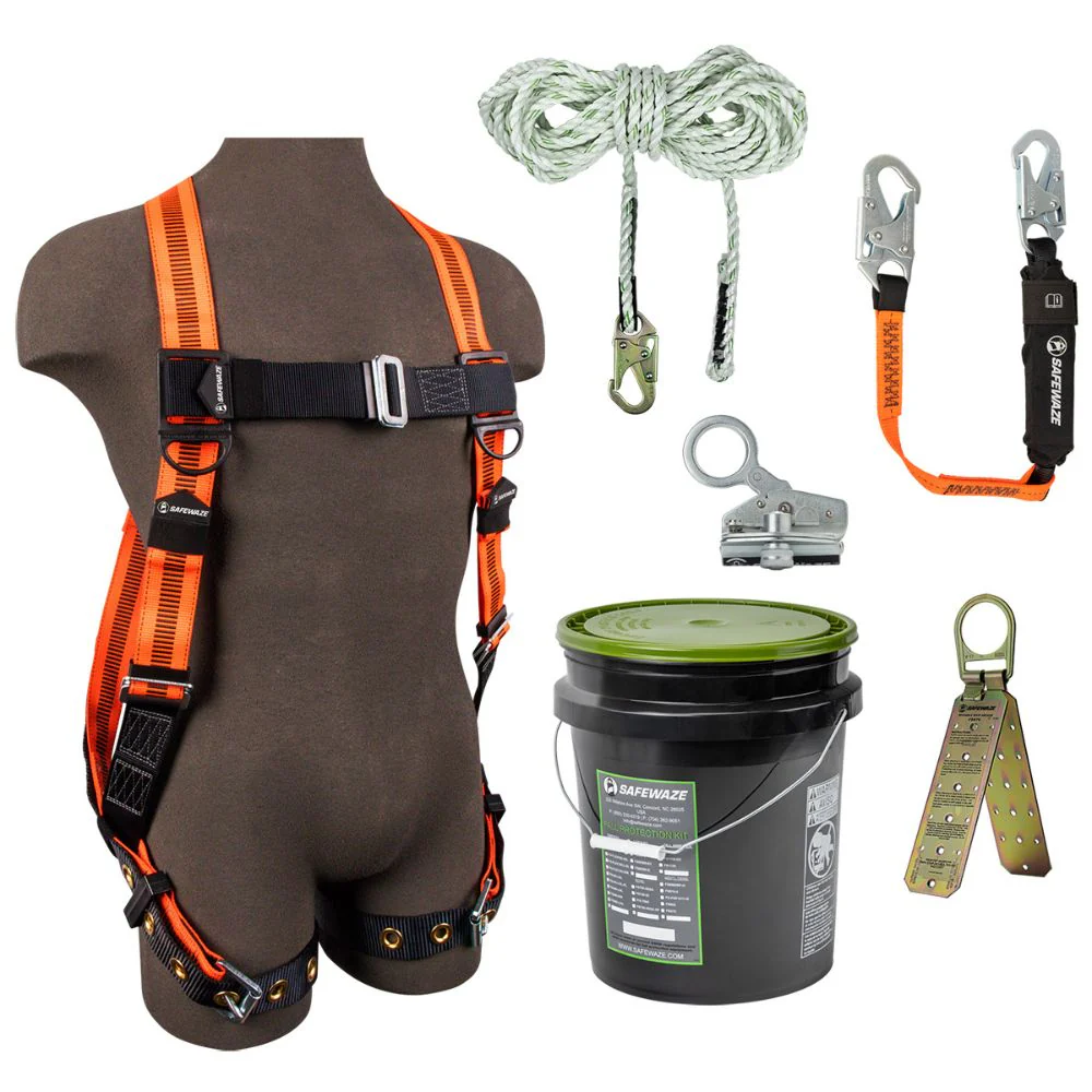 Safewaze 020-3130 V-Line Bucket Roof Kit: FS99185-E Harness, FS700-50 VLL, FS1118-DC Grab, FS88560-E3 Lanyard, FS870 Anchor - Mactool Shop