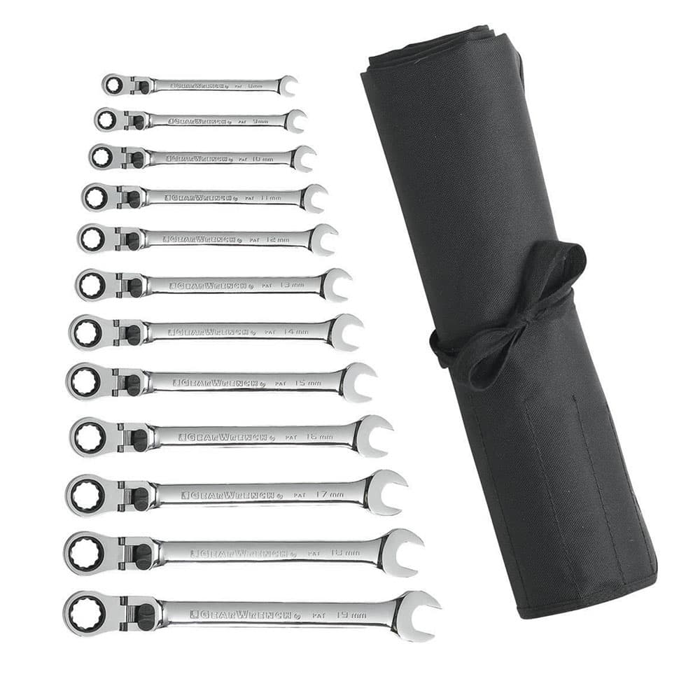 GearWrench 85698R 12 Pc. 72-Tooth 12 Point XL Locking Flex Head Ratcheting Combination Metric Wrench Set with Tool Roll - Mactool Shop