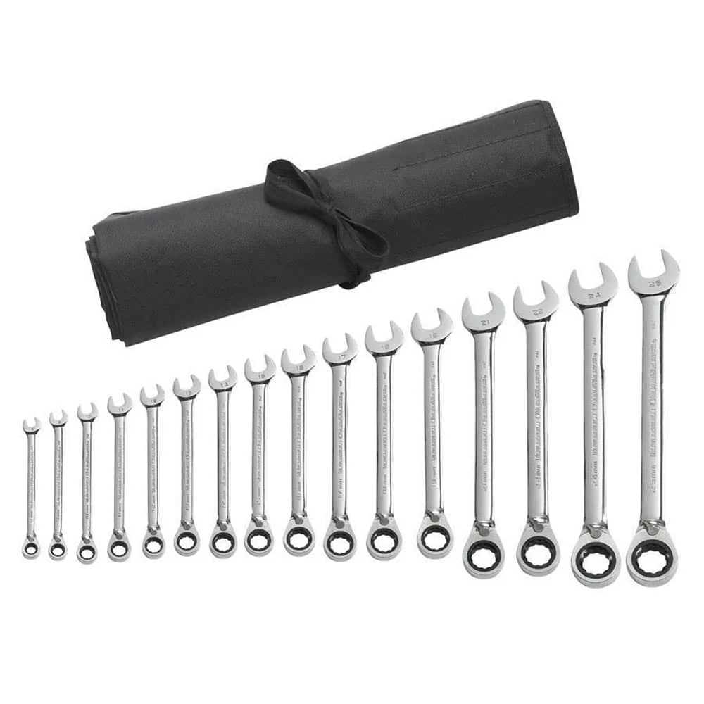 GearWrench 9602RN 16 Pc. 72-Tooth 12 Point Reversible Ratcheting Combination Metric Wrench Set with Tool Roll - Mactool Shop