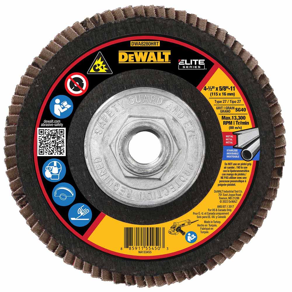 DeWalt DWA8280HRT ELITE SERIES 4-1/2 X 5/8-11 40G T27 High Density Flap Disc - Mactool Shop