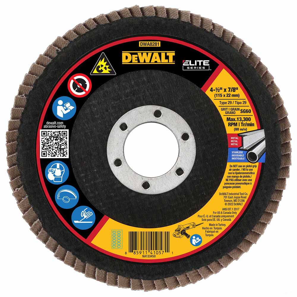 DeWalt DWA8281 ELITE SERIES 4-1/2 X 7/8 60G T29 Flap Disc - Mactool Shop