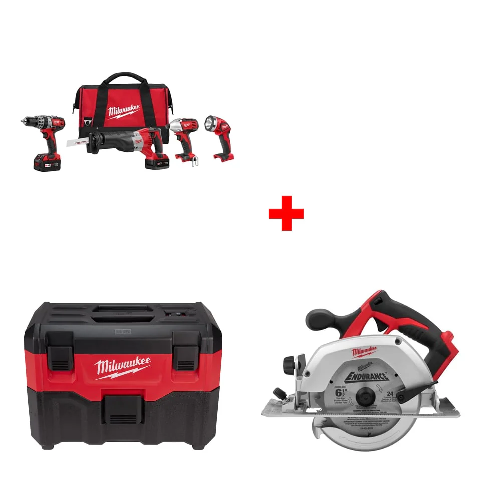 Milwaukee 2696-24 M18 4-Tool Combo Kit w/ FREE 0880-20 Wet/Dry Vacuum & Circ Saw - Mactool Shop