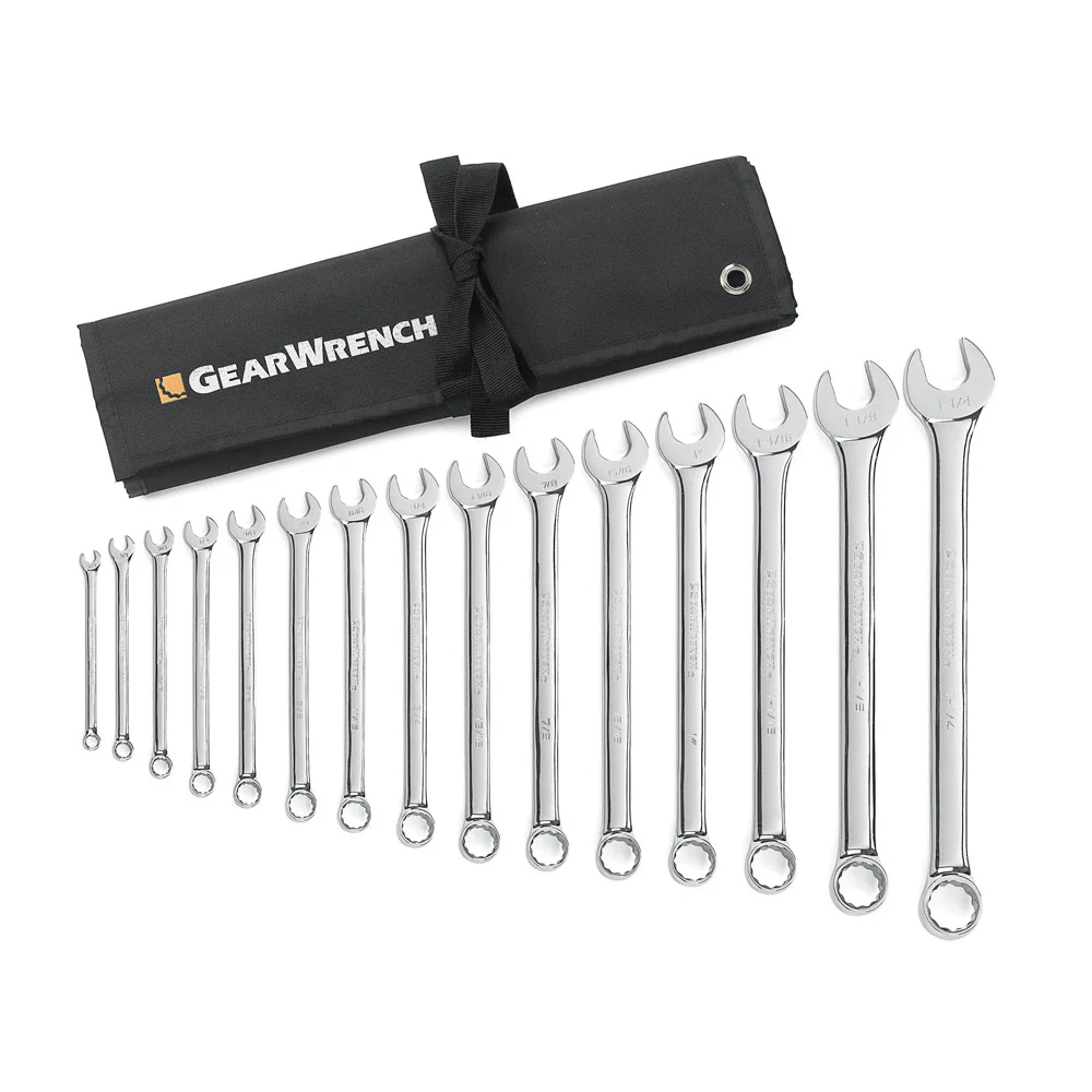 GearWrench 81918 15 Pc. 12 Point Long Pattern Combination SAE Wrench Set with Tool Roll - Mactool Shop