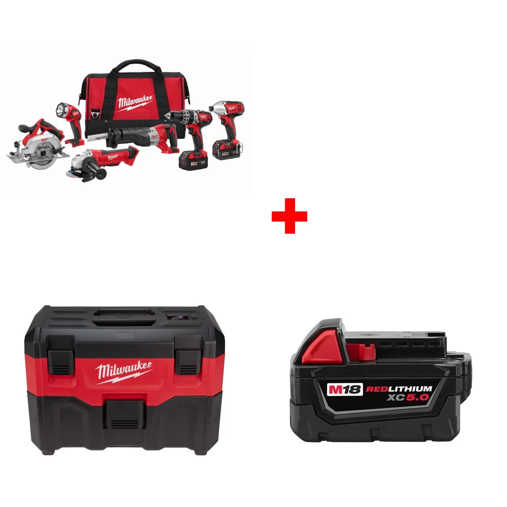 Milwaukee 2696-26 M18 6-Tool Combo Kit w/ FREE 0880-20 Wet/Dry Vacuum & Battery - Mactool Shop