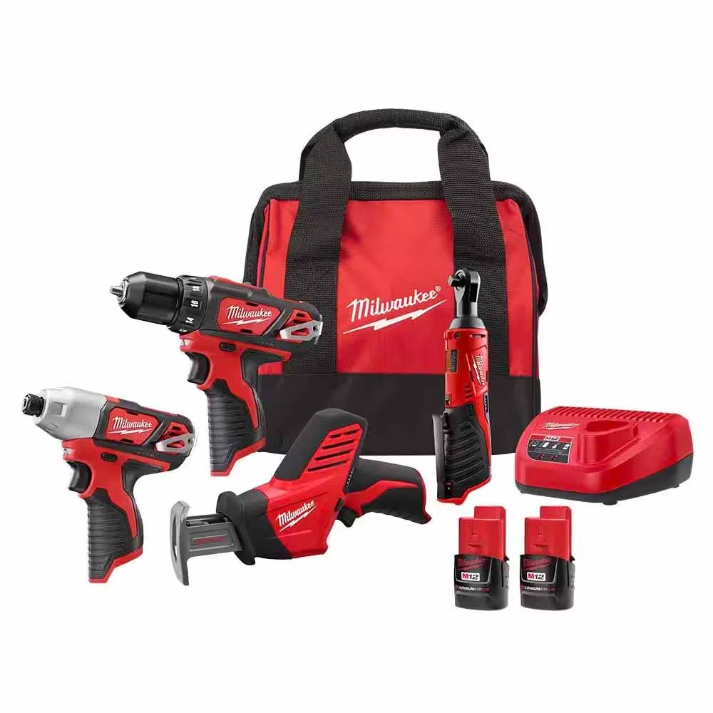 Milwaukee 2497-24B M12 12V Lithium-Ion Cordless Combo Kit (4-Tool) w/(2) 1.5Ah Batteries, (1) Charger, (1) Tool Bag - Mactool Shop