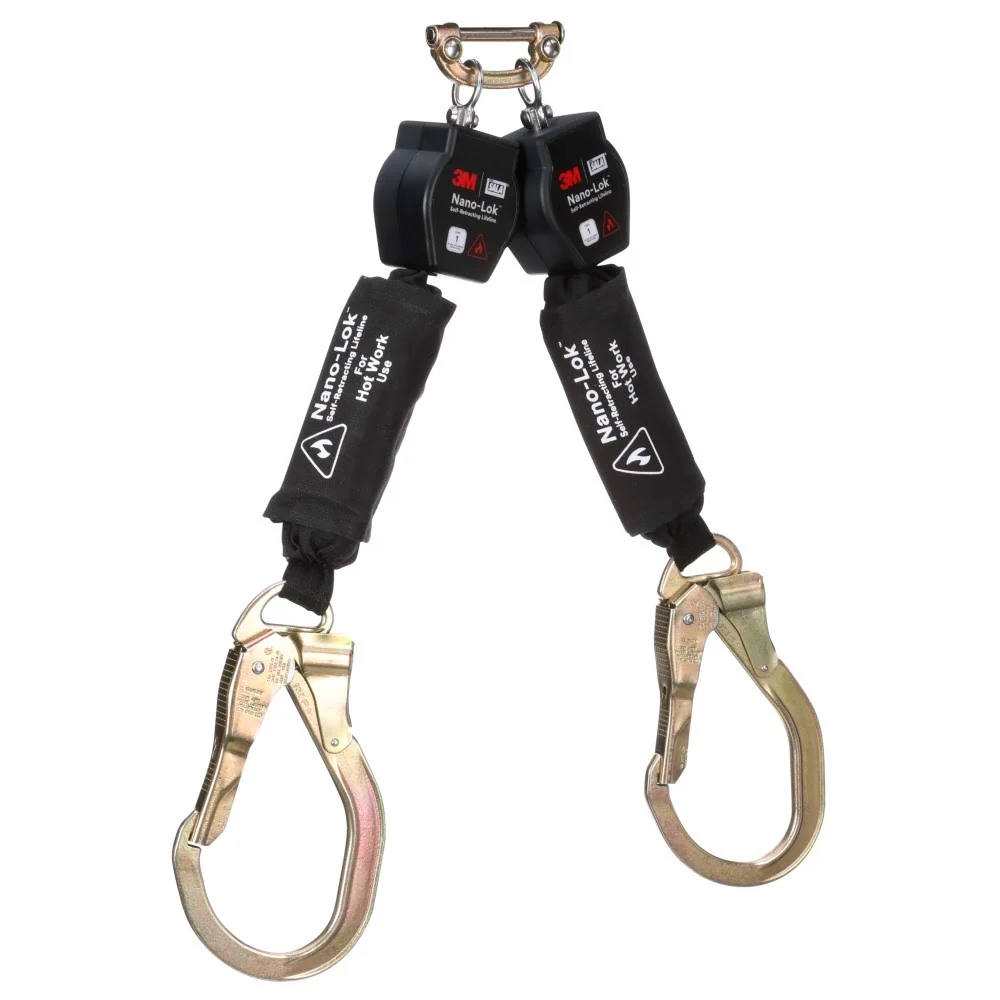 DBI Sala 3100568 Nano-Lok Twin-Leg Hot Work Self-Retracting Lifeline with Quick Connect, Web, Steel Rebar Lock Hooks, 6' - Mactool Shop
