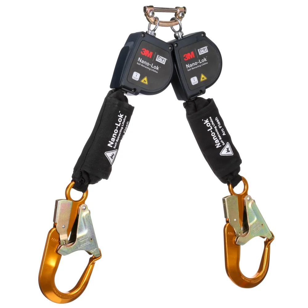 DBI Sala 3100587 Nano-Lok Twin-Leg Arc Flash Self-Retracting Lifeline with Quick Connect, Web, Aluminum Rebar Hooks, 8' - Mactool Shop