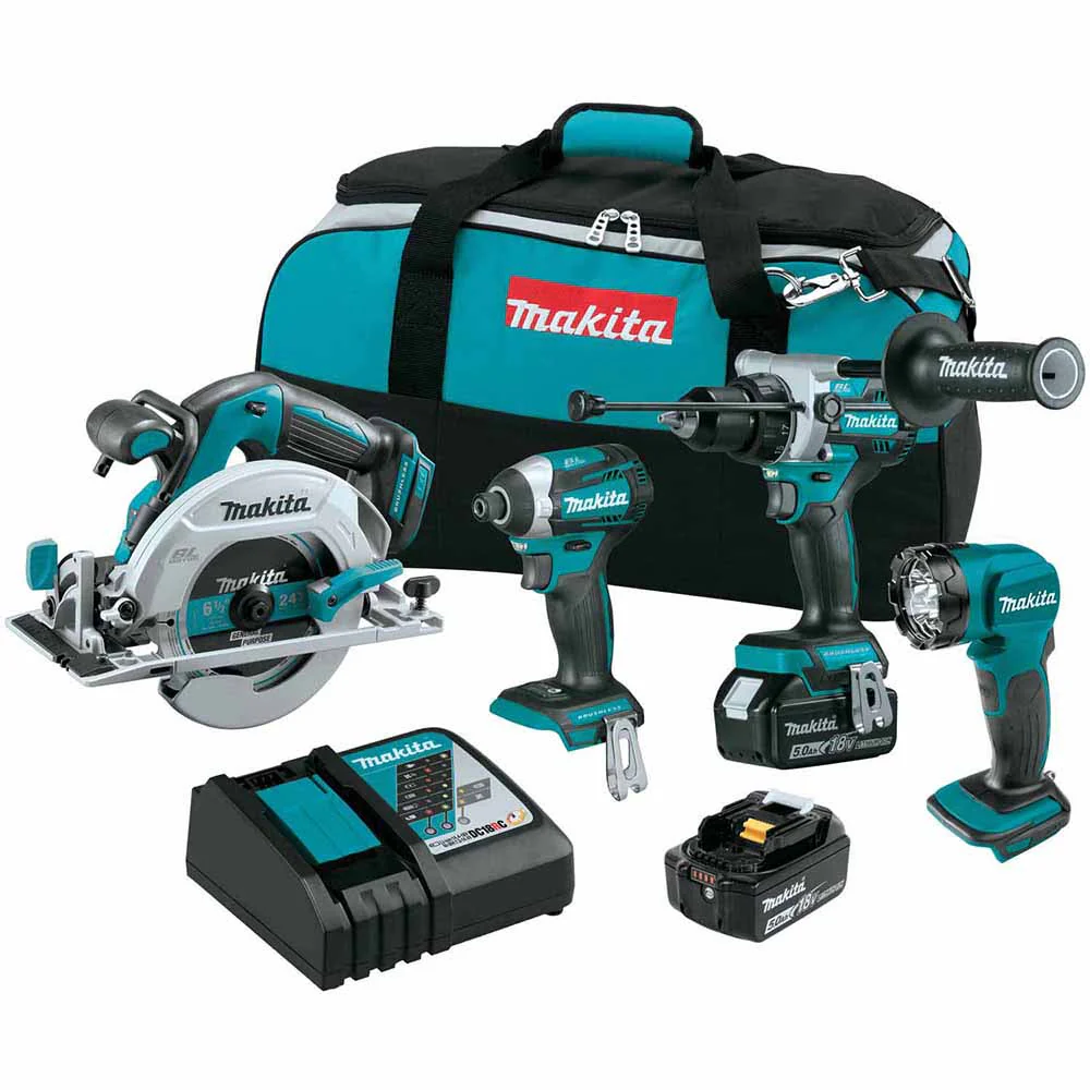 Makita XT452T 18V LXT Lithium-Ion Brushless Cordless 4 Pc. Combo Kit, XPH14Z, XDT14Z, XSH03Z, DML815, bag (5.0Ah) - Mactool Shop