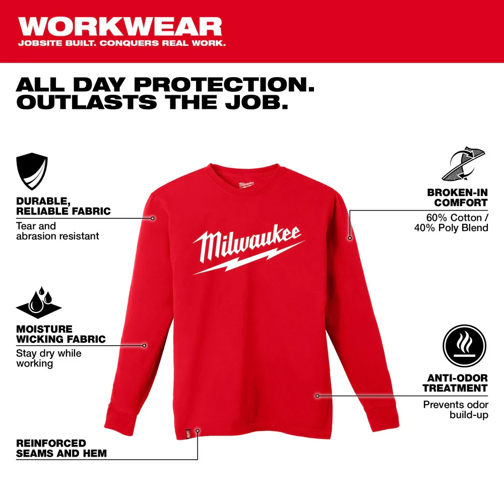 Milwaukee 608R Heavy Duty T-Shirt - Long Sleeve Logo Red - Mactool Shop