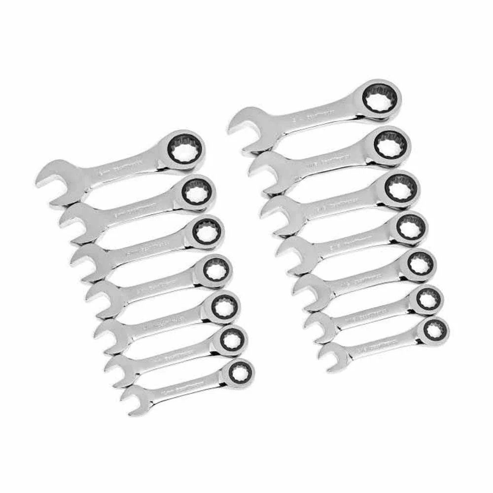 GearWrench 85206 14 Pc. 72-Tooth 12 Point Stubby Ratcheting SAE/Metric Combination Wrench Set - Mactool Shop