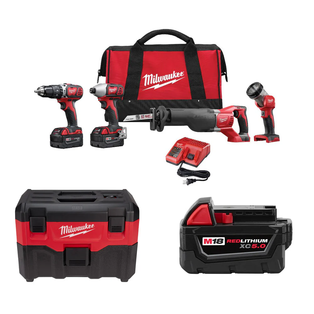 Milwaukee 2696-24 M18 4-Tool Combo Kit w/ FREE 0880-20 Wet/Dry Vacuum & Battery - Mactool Shop