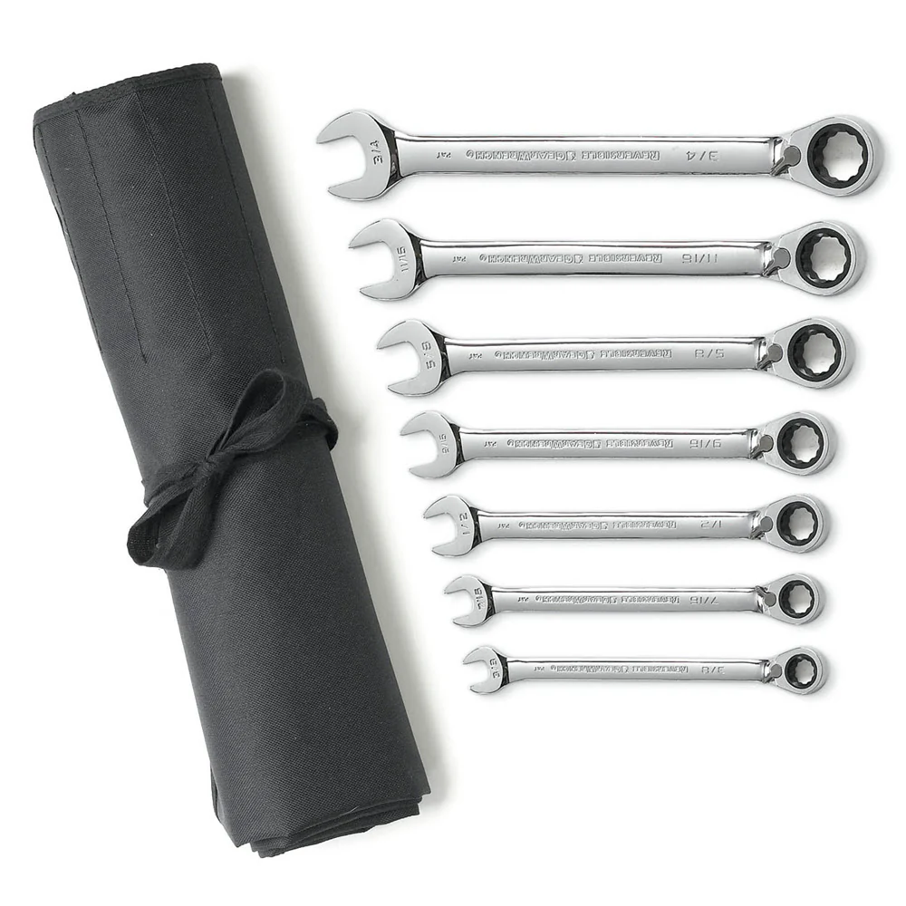 GearWrench 9567RN 7 Pc. 72-Tooth 12 Point Reversible Ratcheting Combination SAE Wrench Set with Tool Roll - Mactool Shop
