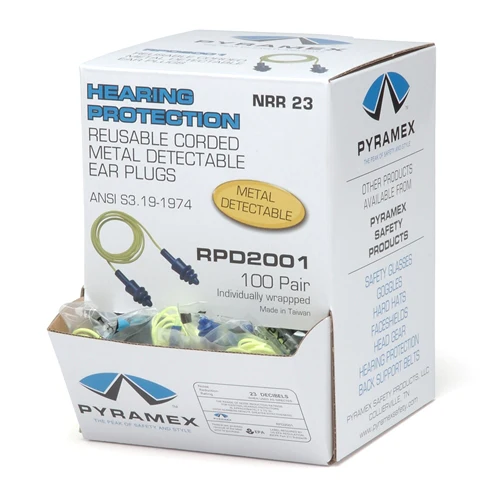 Pyramex RPD2001 Metal Detectable Reusable Corded Earplugs, NRR 27dB, 100 Pairs per Box - Mactool Shop