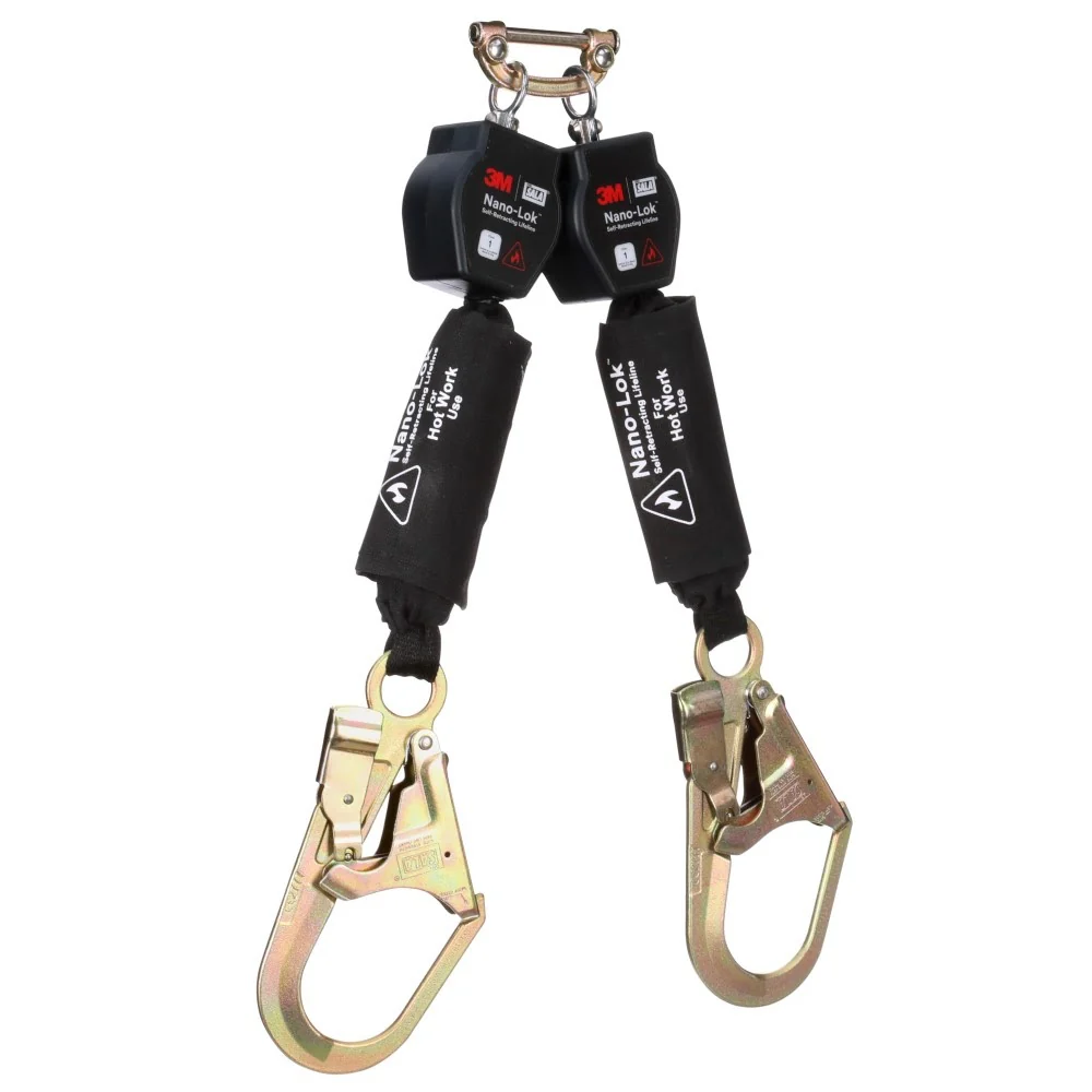 DBI Sala 3100567 Nano-Lok Twin-Leg Hot Work Self-Retracting Lifeline with Quick Connect, Web, Steel Rebar Hooks, 6' - Mactool Shop