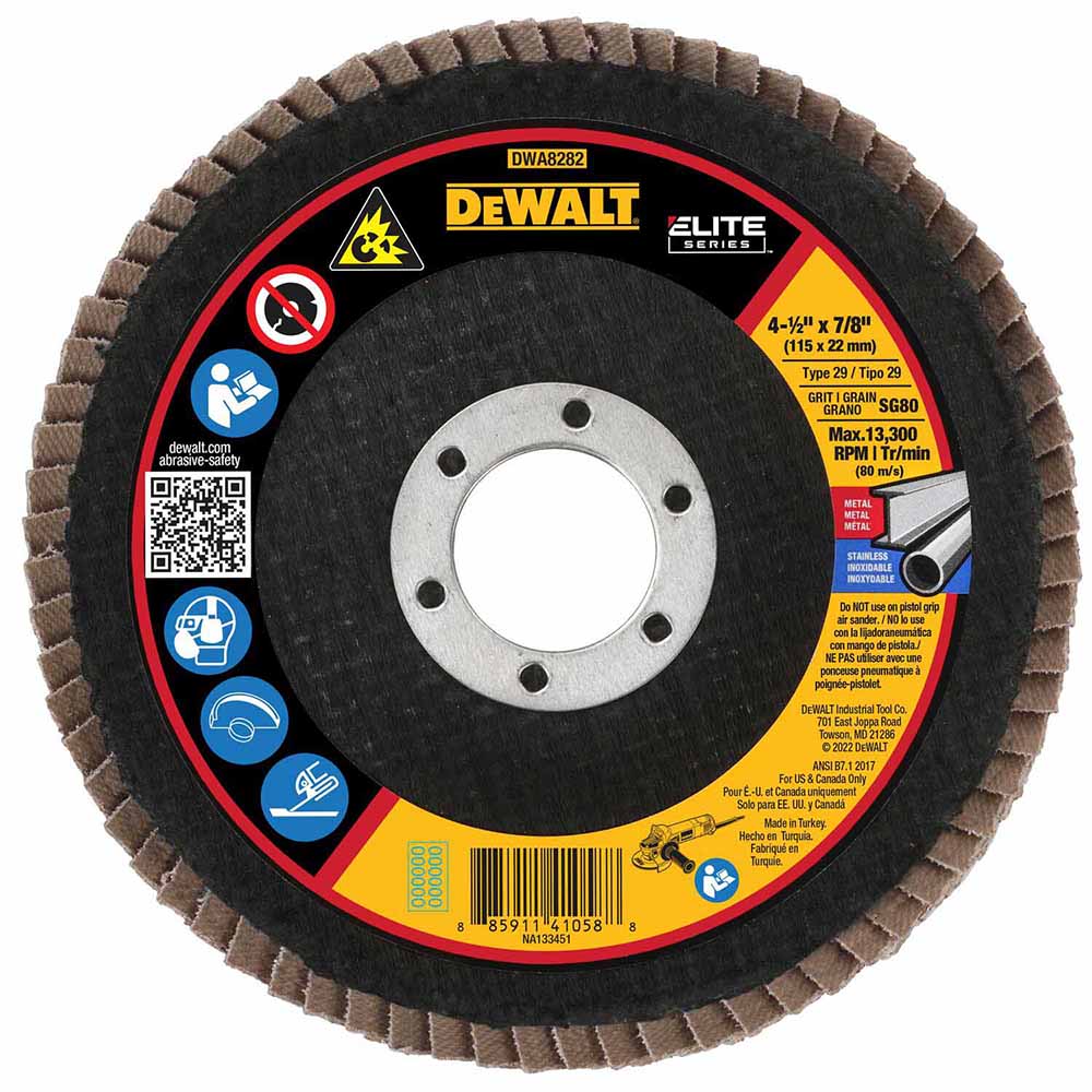 DeWalt DWA8282 ELITE SERIES 4-1/2 X 7/8 80G T29 Flap Disc - Mactool Shop