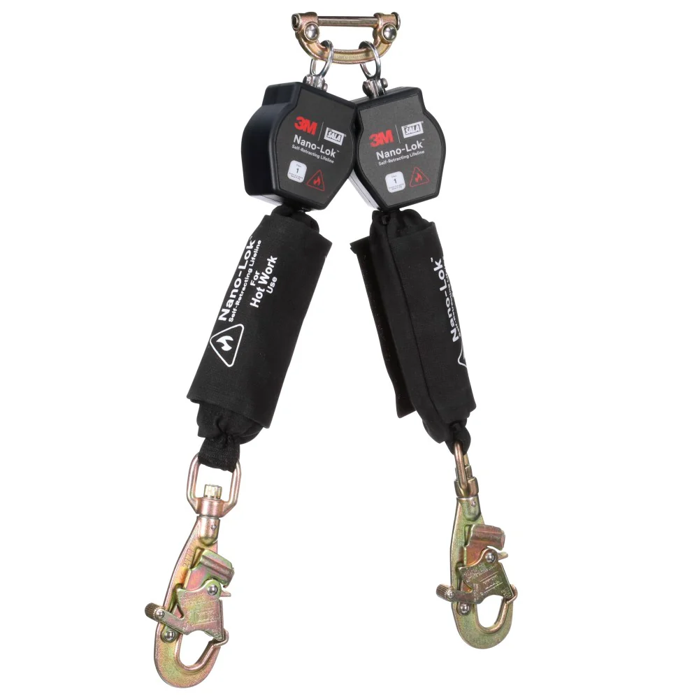 DBI Sala 3100566 Nano-Lok Twin-Leg Hot Work Self-Retracting Lifeline with Quick Connect, Web, Swivel Snap Hooks, 6' - Mactool Shop
