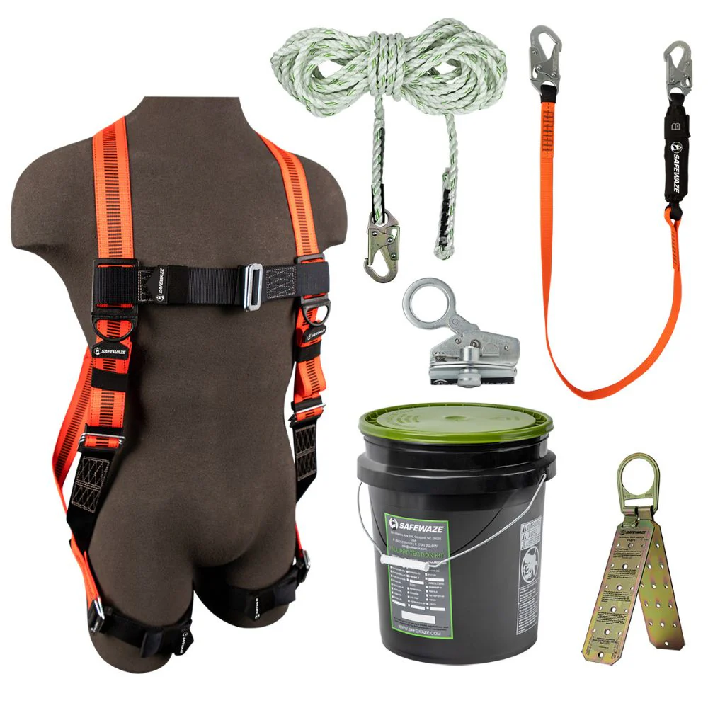 Safewaze FS120-E/1118DC V-Line Bucket Roof Kit: FS99280-E Harness, FS700-50 VLL, FS1118-DC Grab, FS88560-E Lanyard, FS870 Anchor - Mactool Shop