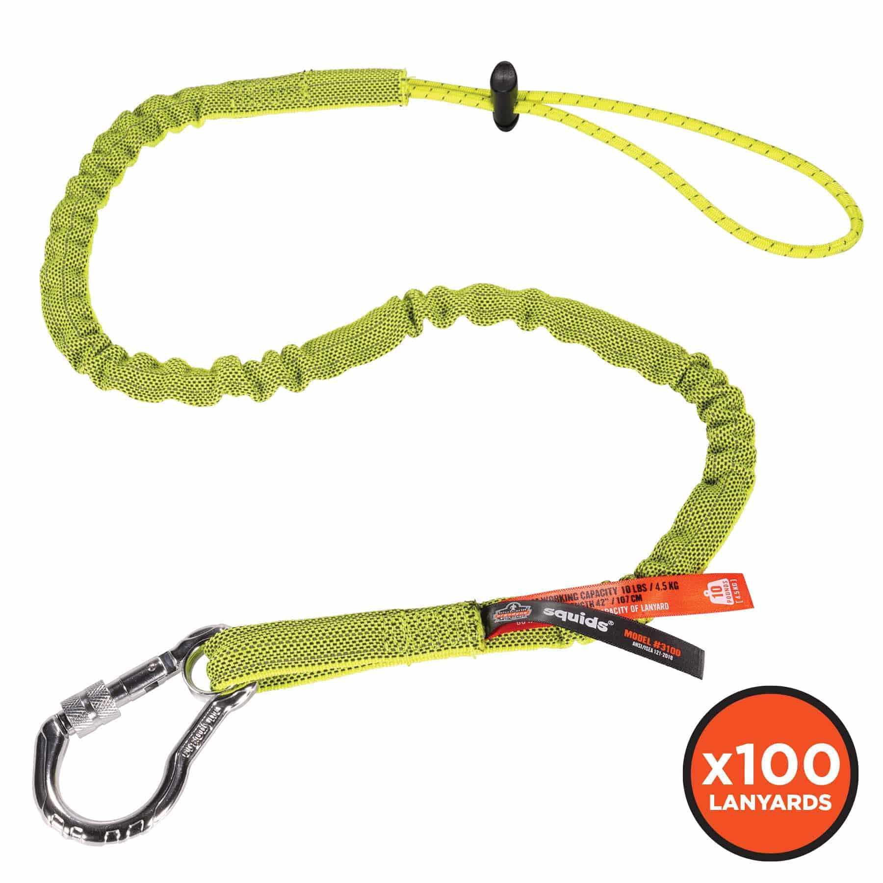 Ergodyne 19205 3100-100PK Standard Lime Lanyard - Carabiner + Loop - 10lbs 100-Pack - Mactool Shop
