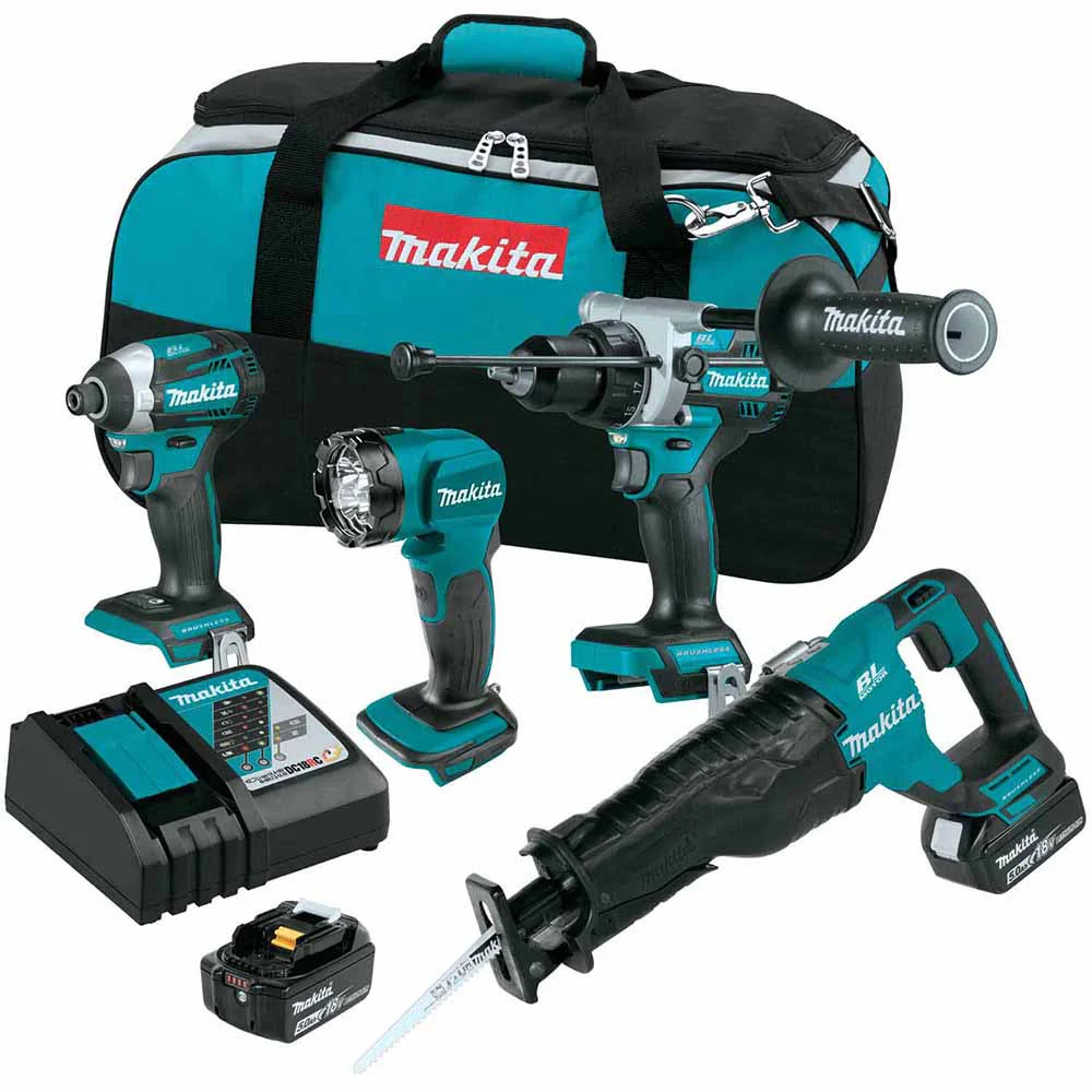 Makita XT453T 18V LXT Lithium-Ion Brushless Cordless 4 Pc. Combo Kit, XPH14Z, XDT14Z, XRJ05Z, DML815, bag (5.0Ah) - Mactool Shop