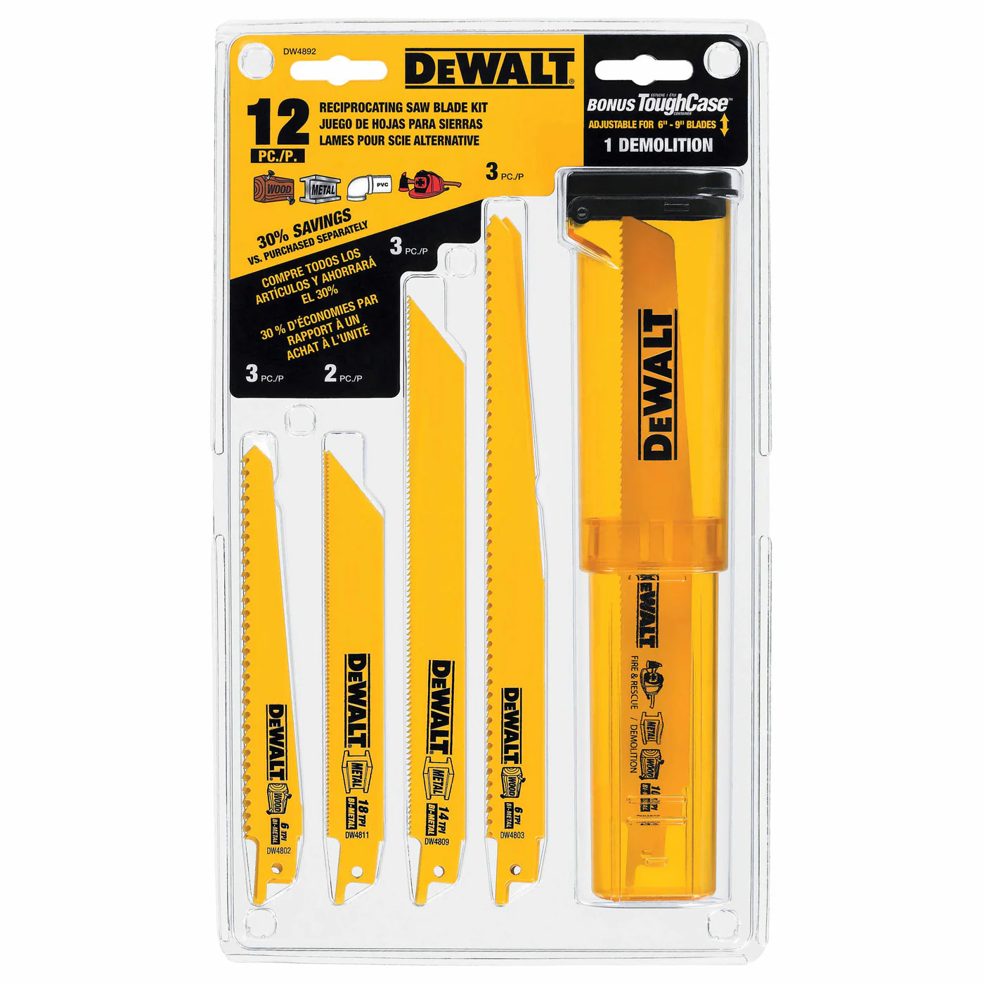 DeWalt DW4892 12 Piece Bi-Metal Reciprocating Saw Blade Set with Telescoping Case - Mactool Shop