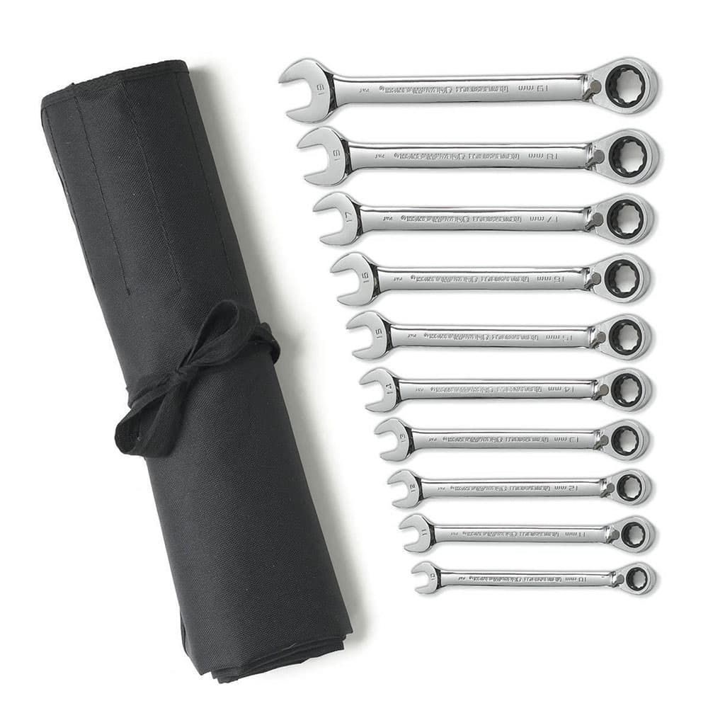 GearWrench 9601RN 10 Pc. 72-Tooth 12 Point Reversible Ratcheting Combination Metric Wrench Set with Tool Roll - Mactool Shop