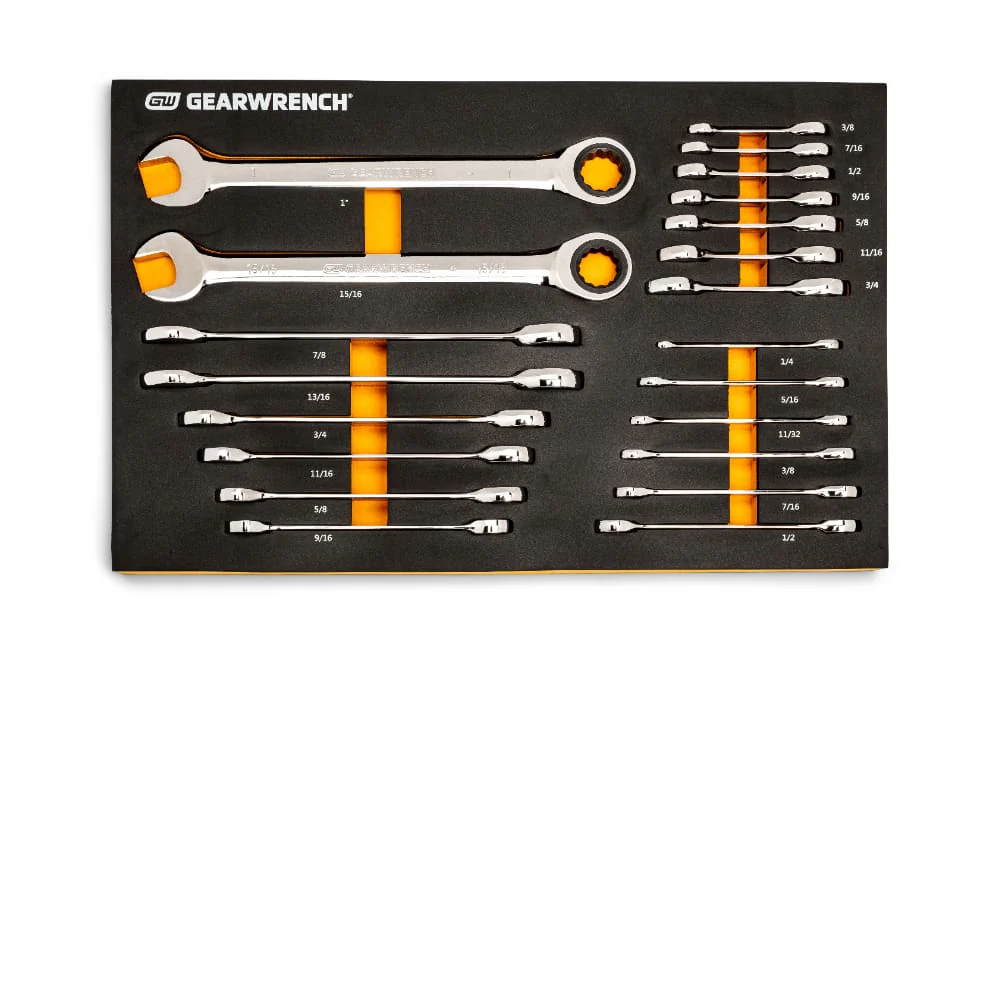 GearWrench 86526 21 Pc. 72-Tooth 12 Point SAE Standard & Stubby Combination Ratcheting Wrench Set with EVA Foam Tray - Mactool Shop