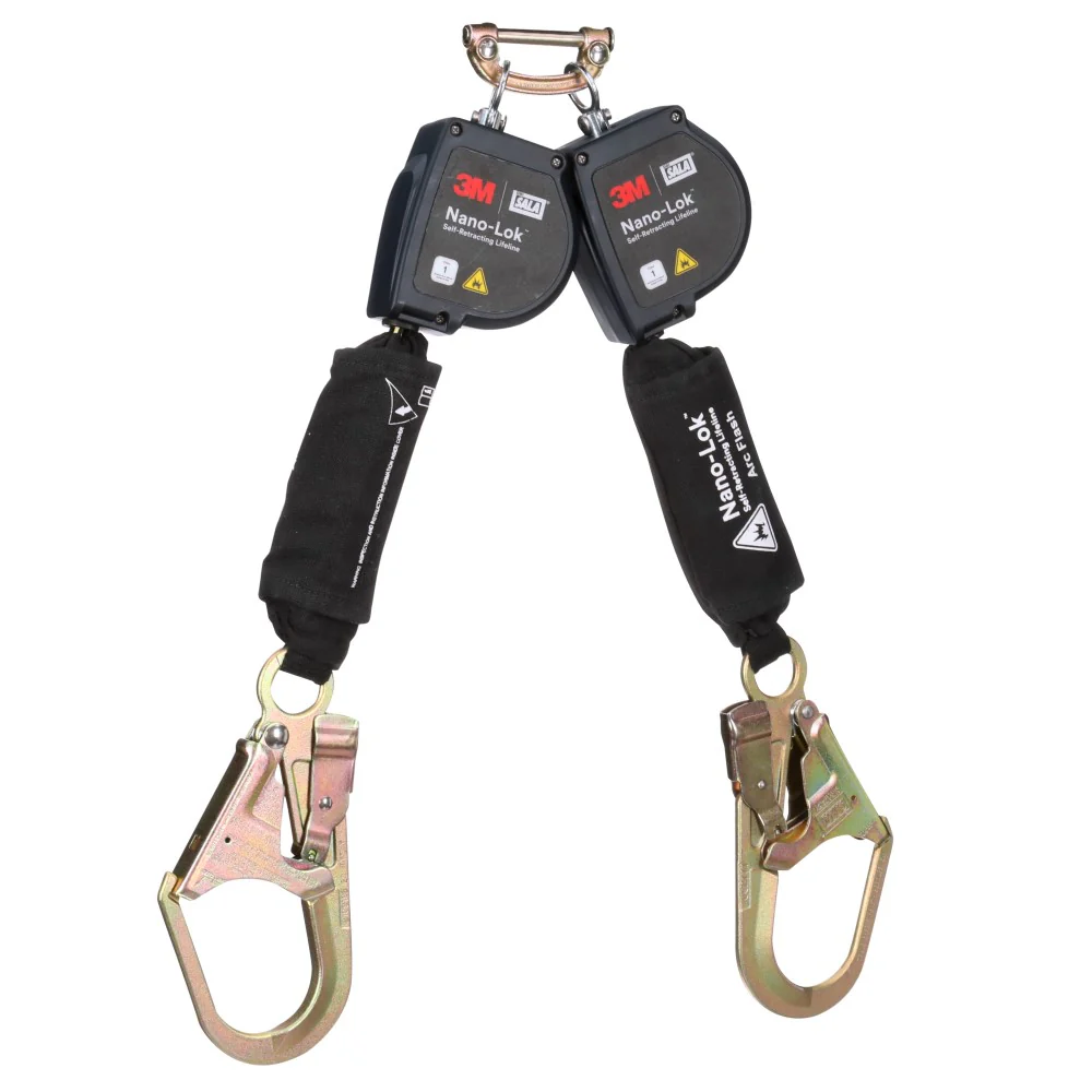 DBI Sala 3100584 Nano-Lok Twin-Leg Arc Flash Self-Retracting Lifeline with Quick Connect, Web, Steel Rebar Hooks, 8' - Mactool Shop