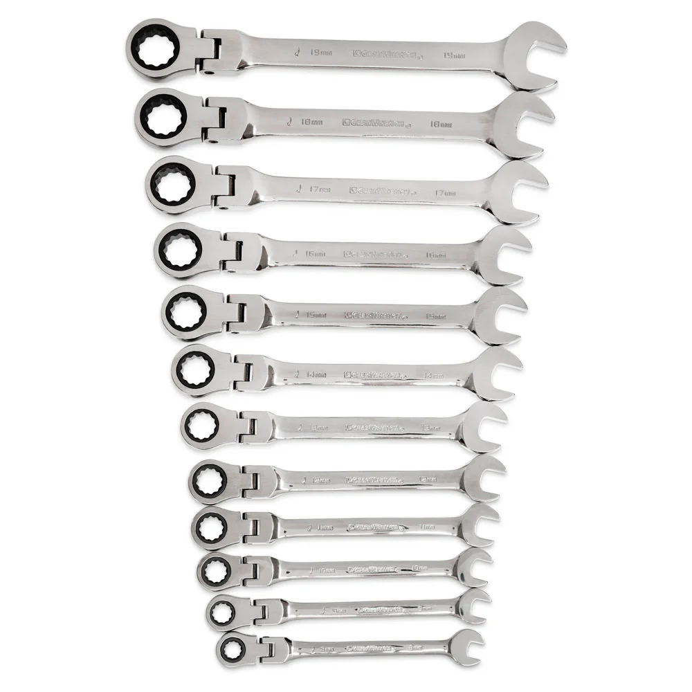 GearWrench 9901D 12 Pc. 72-Tooth 12 Point Flex Head Ratcheting Combination Metric Wrench Set - Mactool Shop