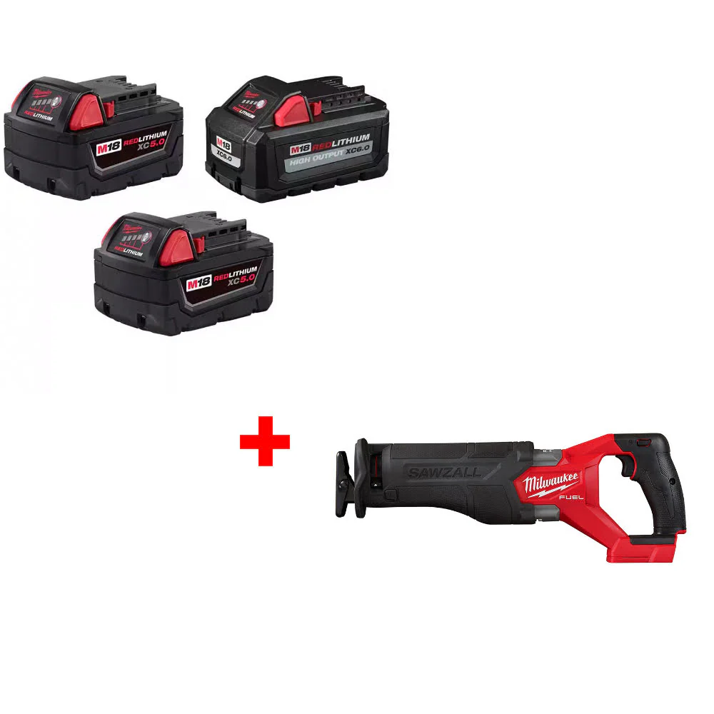 Milwaukee 48-11-1856 M18 18V Battery 3-Pack W/ FREE 2821-20 M18 FUEL Recip Saw - Mactool Shop