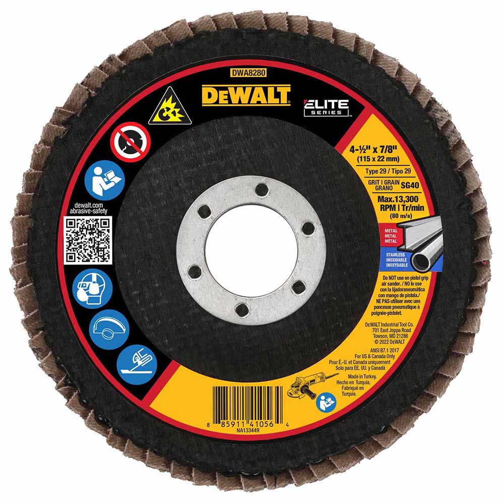 DeWalt DWA8280 ELITE SERIES 4-1/2 X 7/8 40G T29 Flap Disc - Mactool Shop