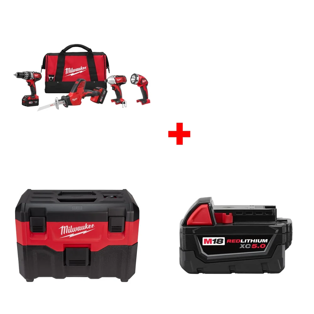 Milwaukee 2695-24 M18 4-Tool Combo Kit w/ FREE 0880-20 Wet/Dry Vacuum & Battery - Mactool Shop