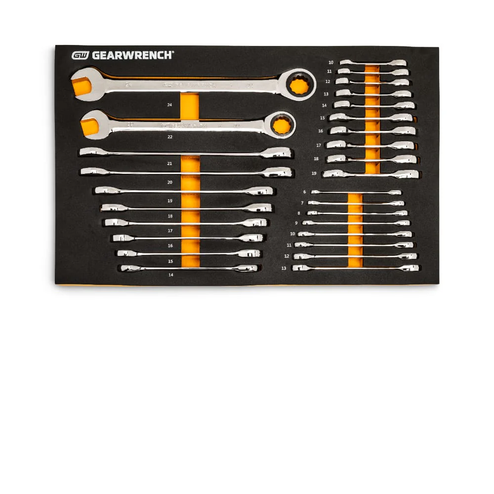 GearWrench 86527 28 Pc. 72-Tooth 12 Point Metric Standard & Stubby Combination Ratcheting Wrench Set with EVA Foam Tray - Mactool Shop